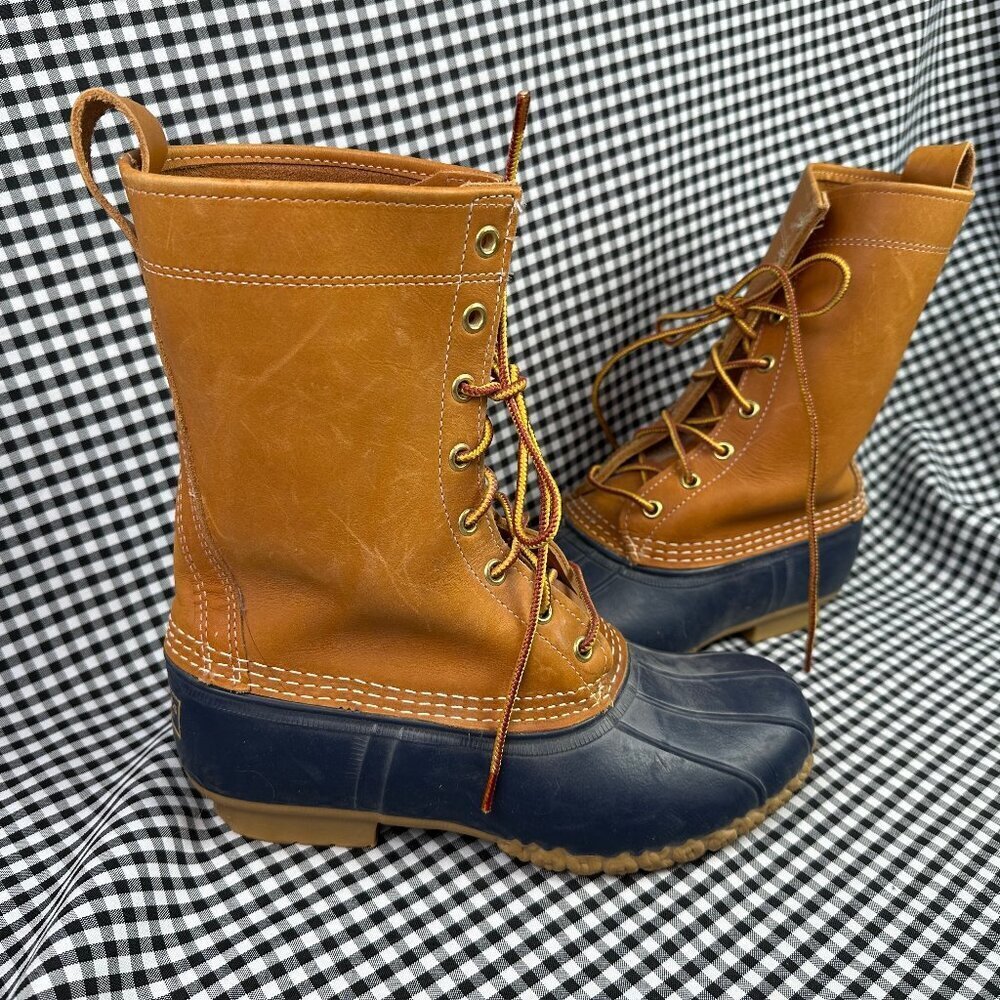 LL Bean Tall Brown Golden Navy Blue Leather Bean Winter Fall Boots Women's 7